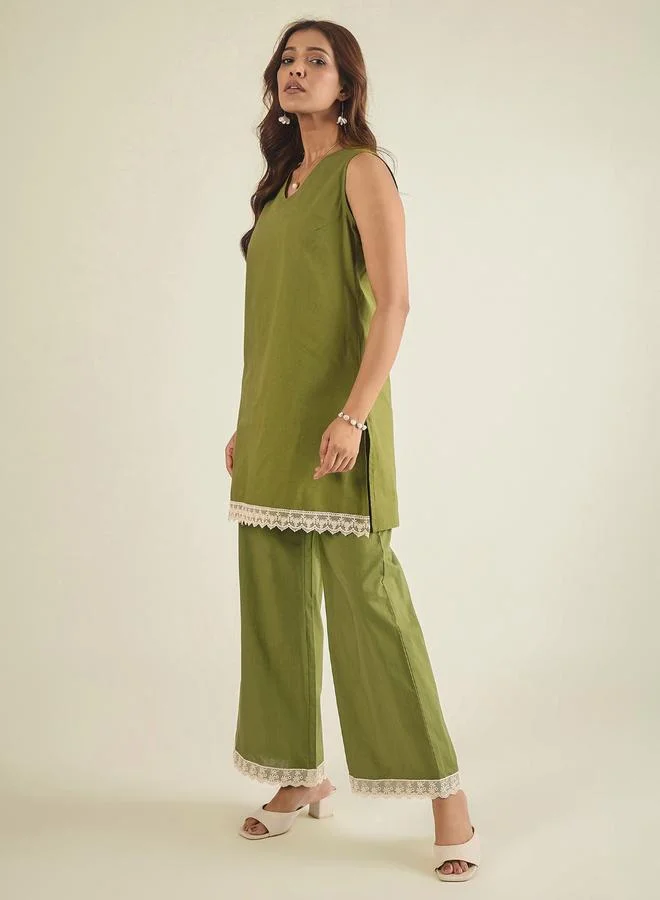 Winered  Women Green Cotton Poplin Lace Detailed Tunic with Pants Co-Ords for Women | Best Price UAE